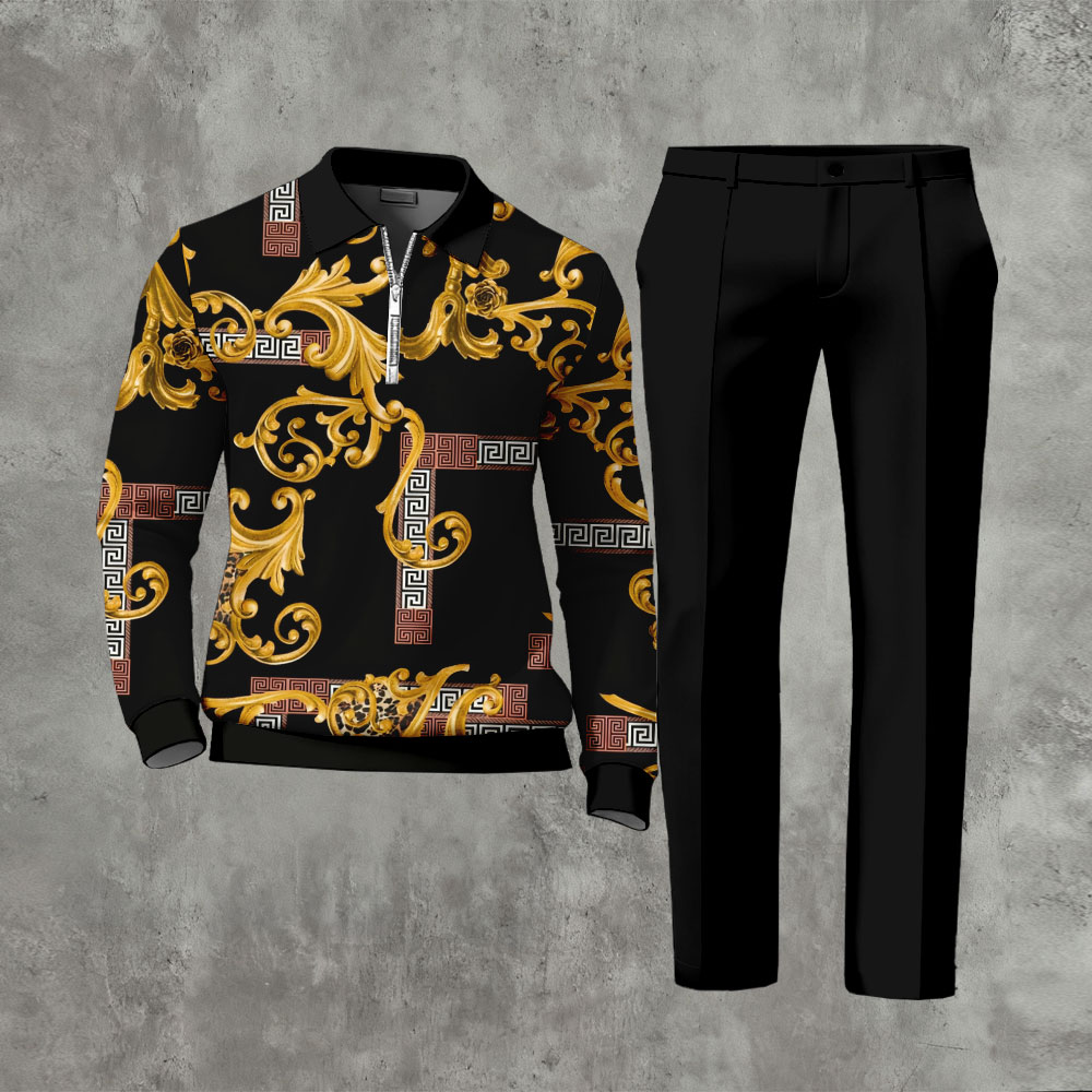 Men's Casual Black & Gold Color Matching Vintage Pattenr Polo-Collar Zipper Long Sleeved Trousers Two-Piece Set