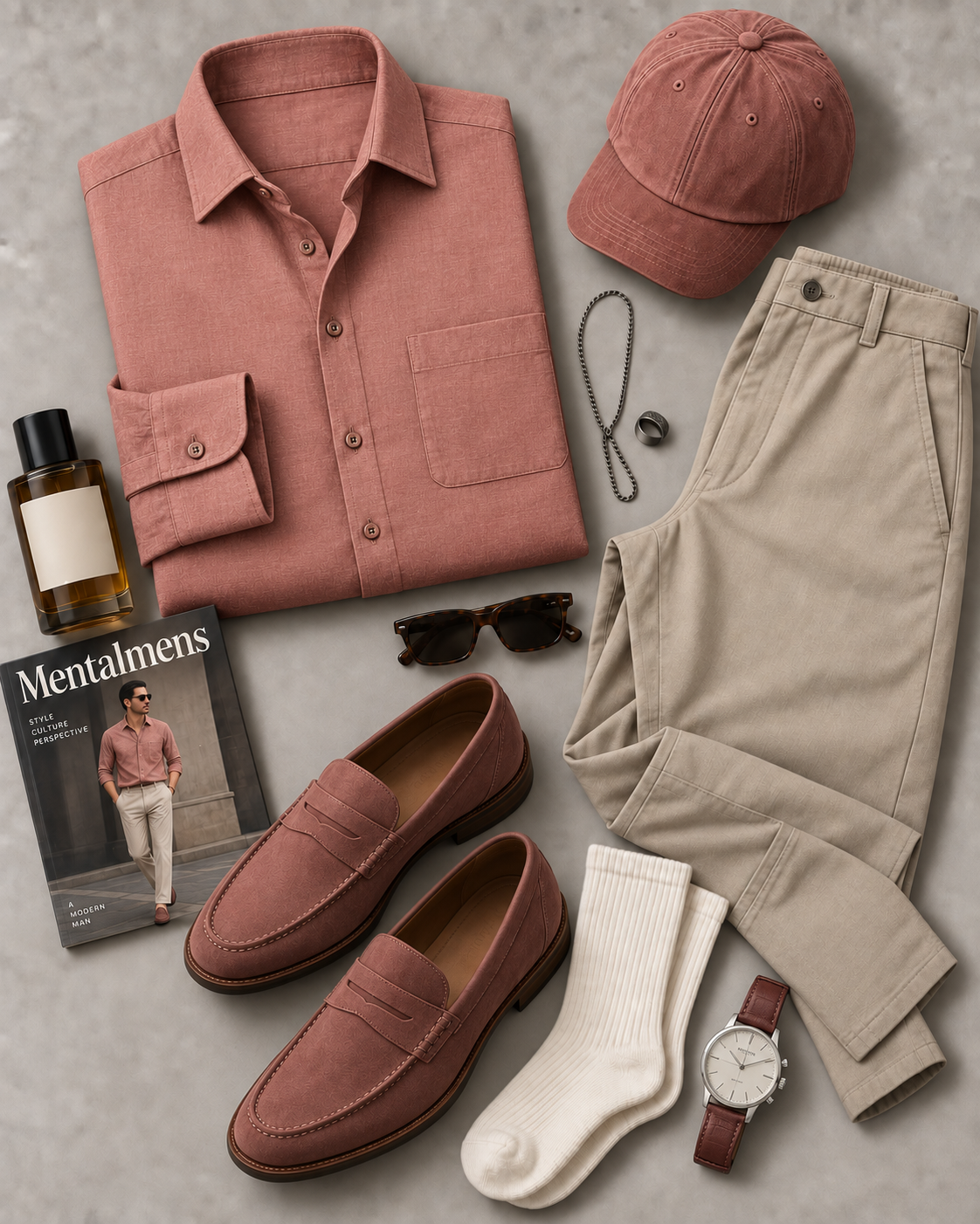Men's Dusty Rose Textured Long Sleeve Button Down Shirt & Khaki Straight Leg Chino Pants 2-Piece Matching Outfit Set