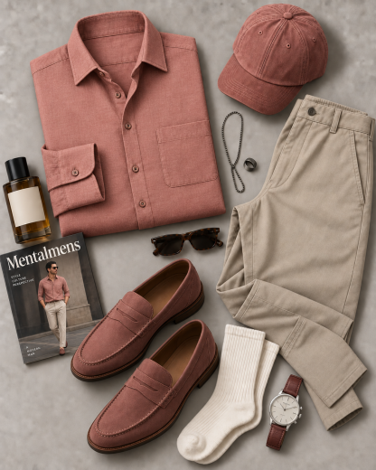 Men's Dusty Rose Textured Long Sleeve Button Down Shirt & Khaki Straight Leg Chino Pants 2-Piece Matching Outfit Set