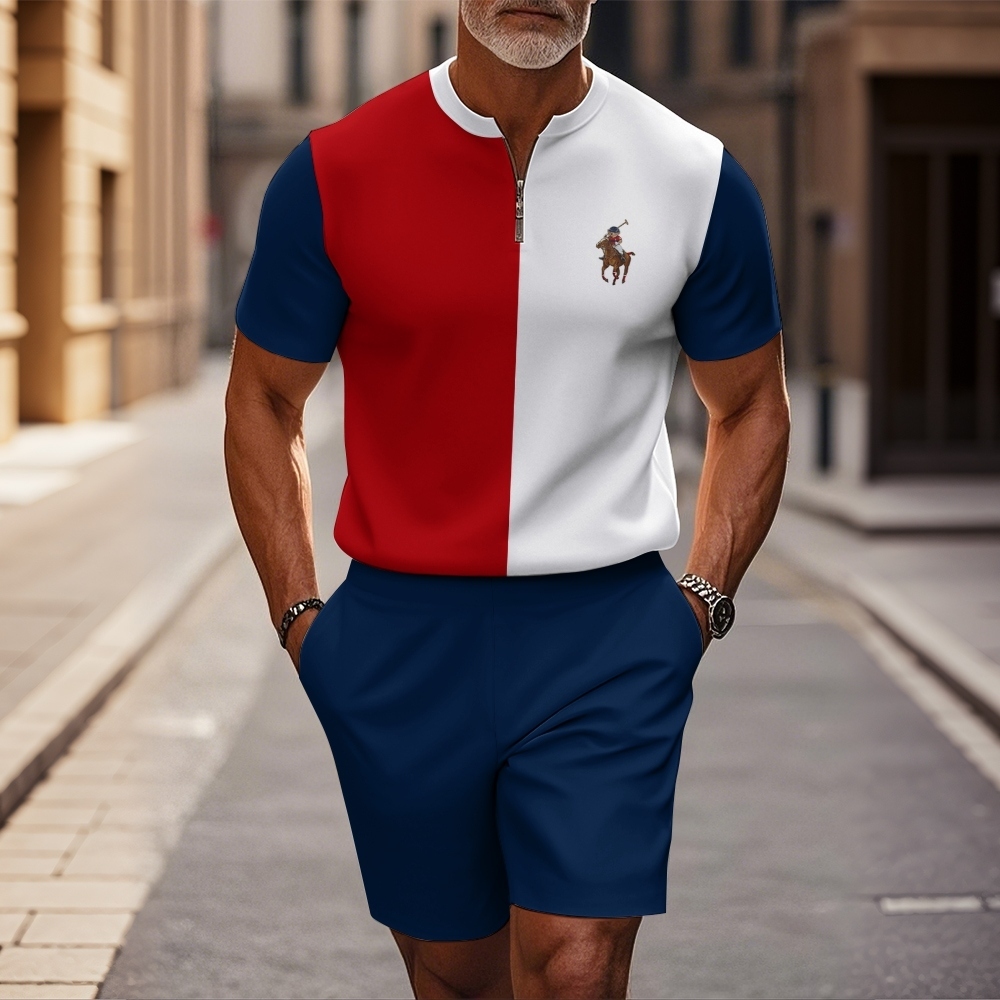 Men's Stand Up White And Red Color Blocked Zipper Short Sleeve+Casual Shorts Two-Piece Set