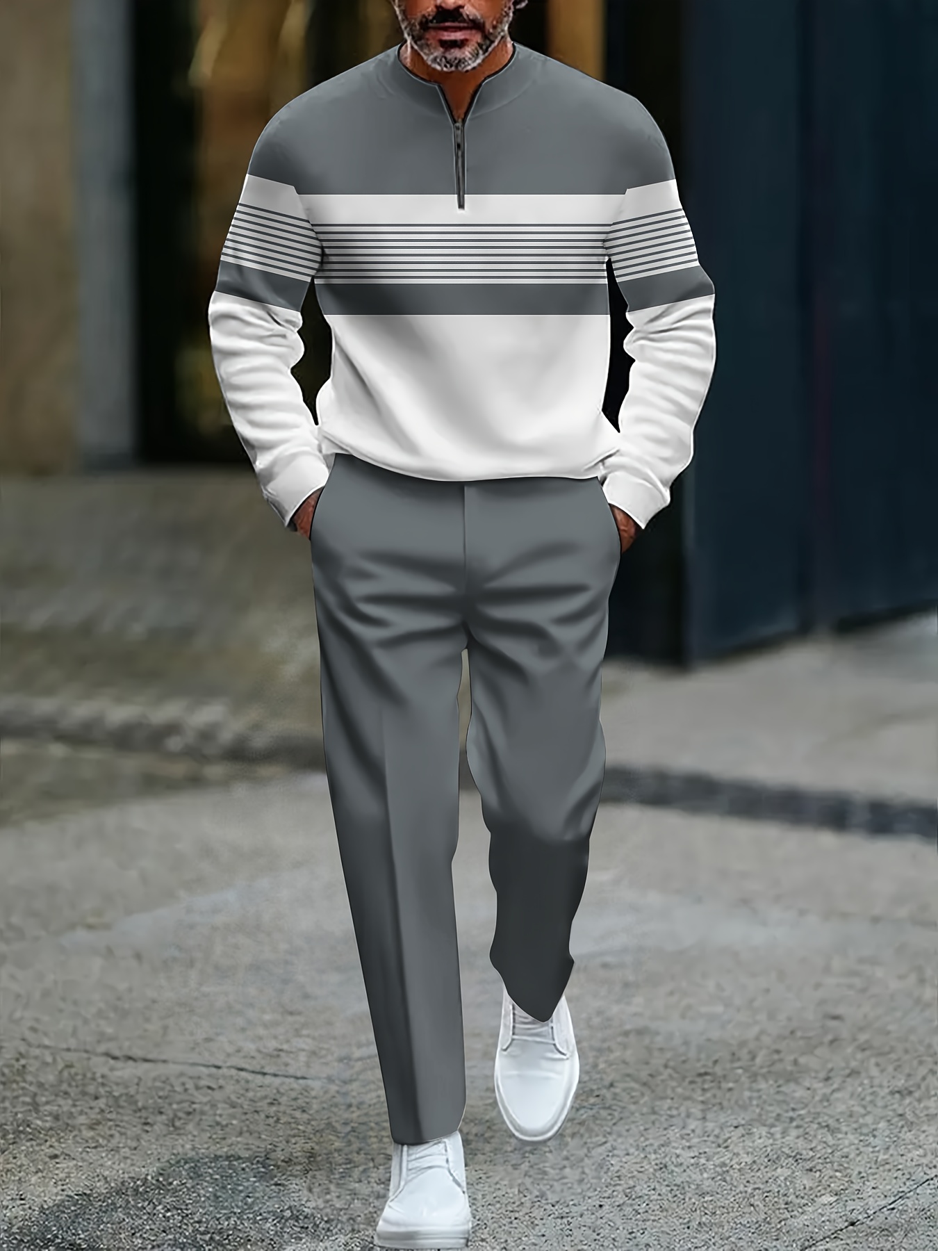 Men's Casual Color Matching Printed Round-Neck Zipper Long Sleeved Trousers Two-Piece Set