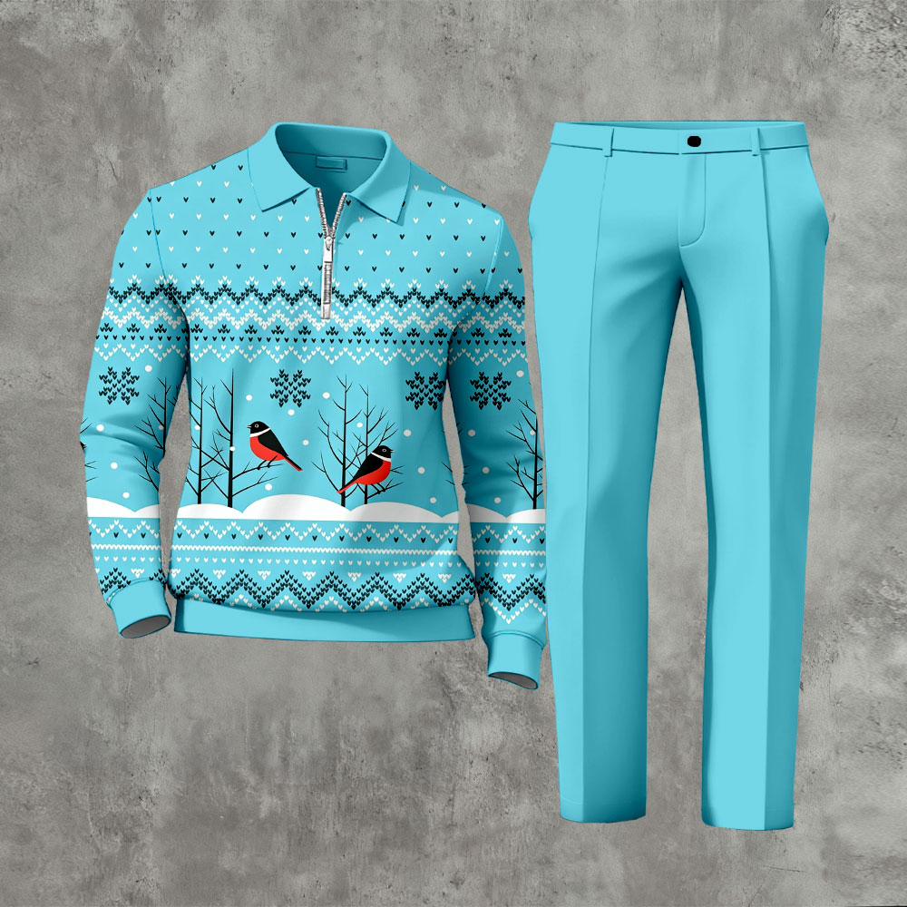 Men's Casual Sky Blue Color Matching Christmas Printed Zipper Long Sleeved Polo Shirt & Trousers Two-Piece Set