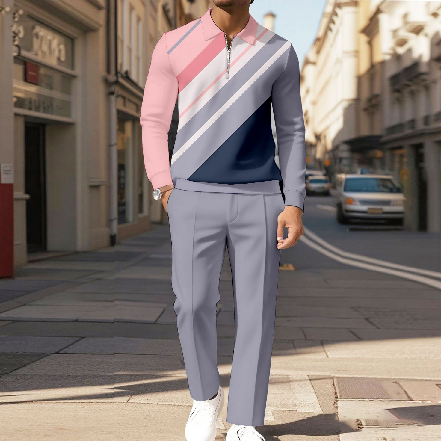 Men's Casual Color Matching Printed Polo-Collar Zipper Long Sleeved Trousers Two-Piece Set