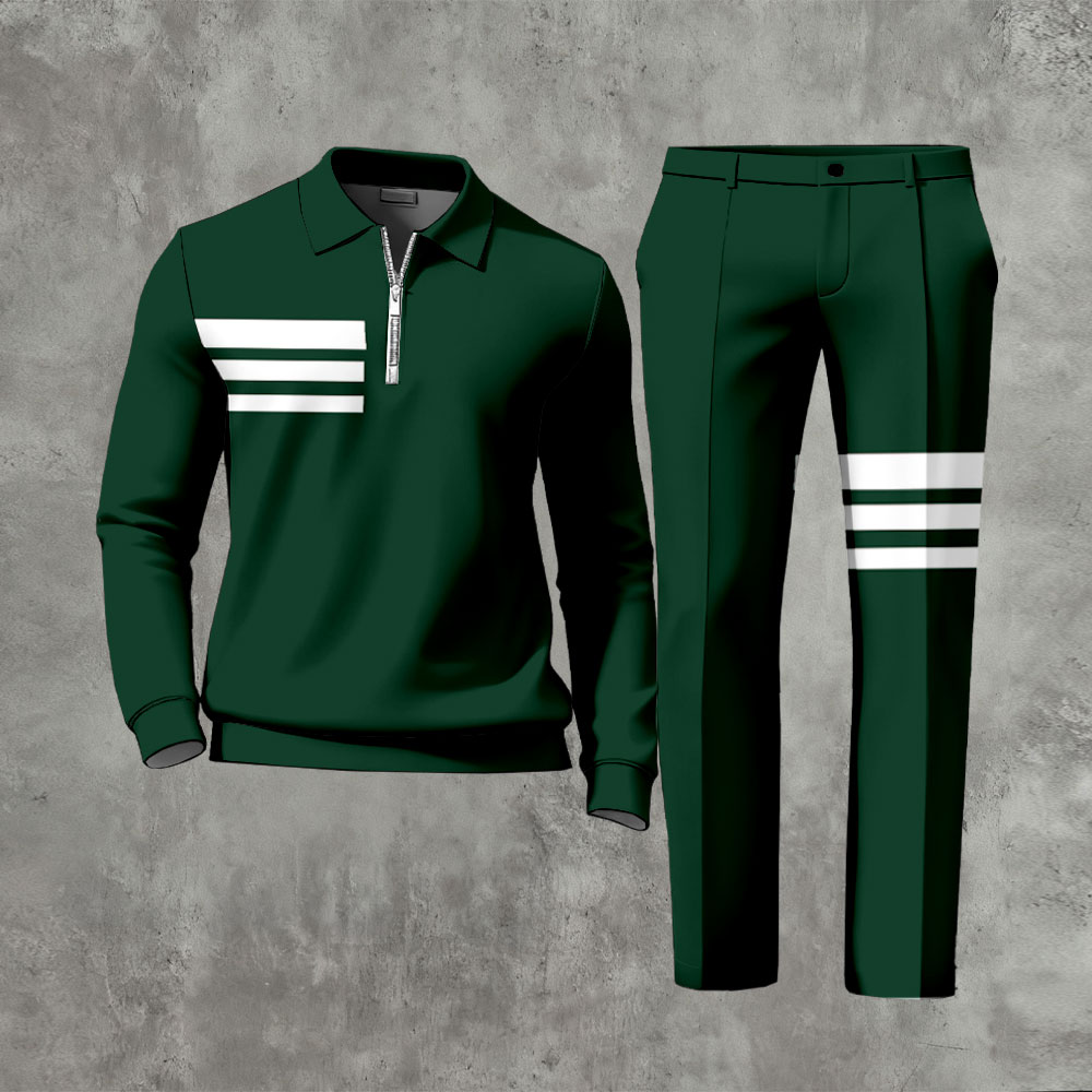 Men's Casual Dark Green & White Color Matching Geometric Printed Polo-Collar Zipper Long Sleeved Trousers Two-Piece Set