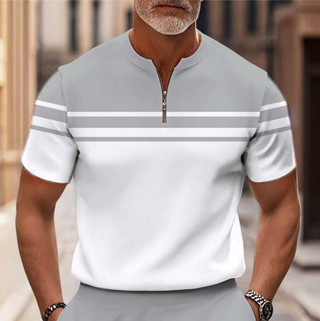 Men's Fashion Casual Round-Neck Gray & White Striped Printed Short-Sleeved Two-Piece Set 8262