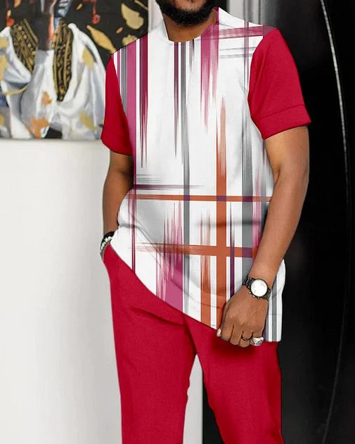 Men's Vertical Stripe Print Short Sleeve Suit