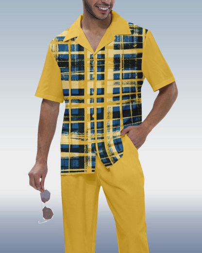 Men's Check Print Short Sleeve Shirt Walking Set