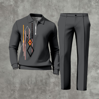 Men's Casual Dark Gray Color Matching Ethnic Style Printed Zipper Long Sleeved Polo Shirt & Trousers Two-Piece Set