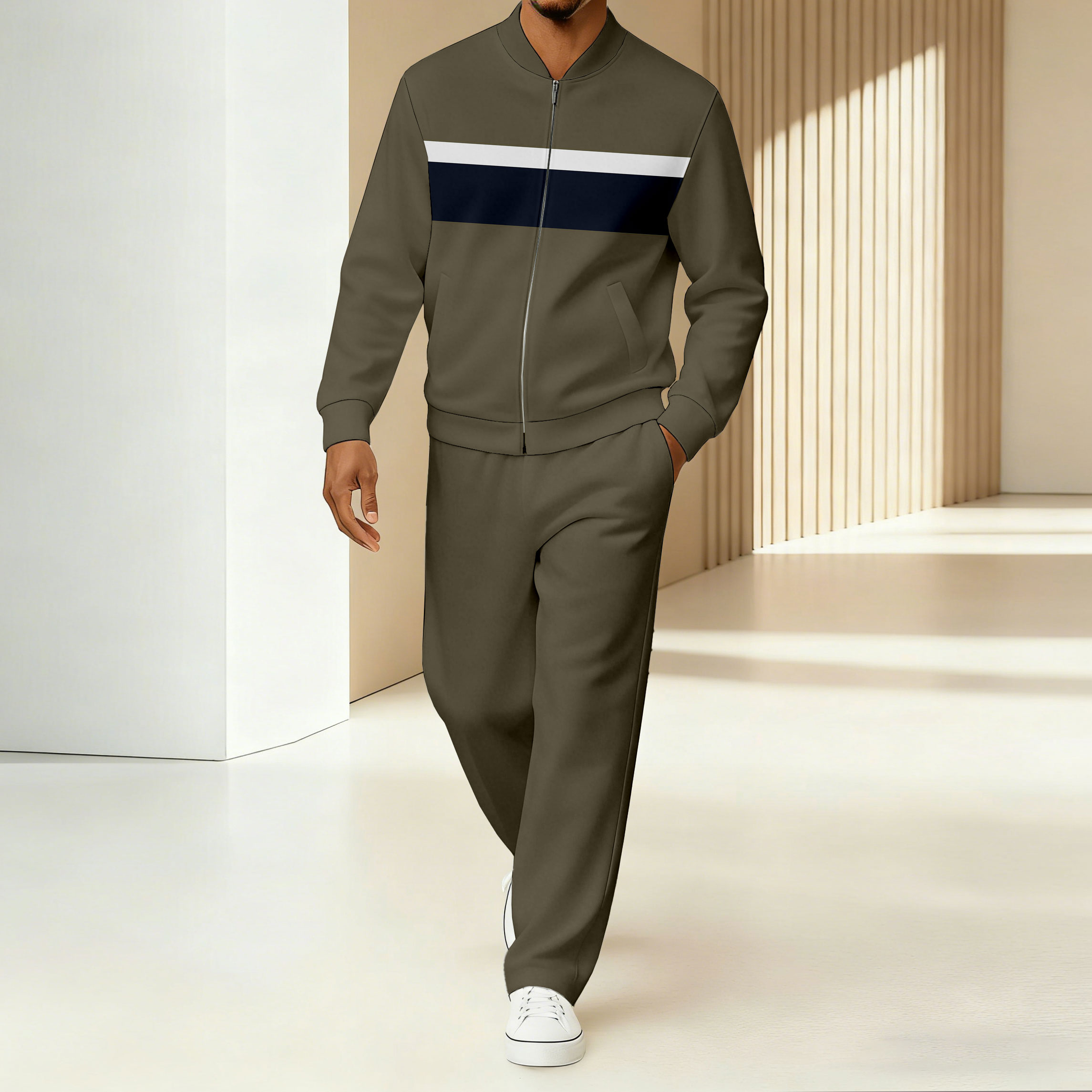 Men's Army Green Color-Block Striped Printed Jacket Sports Jogging Set