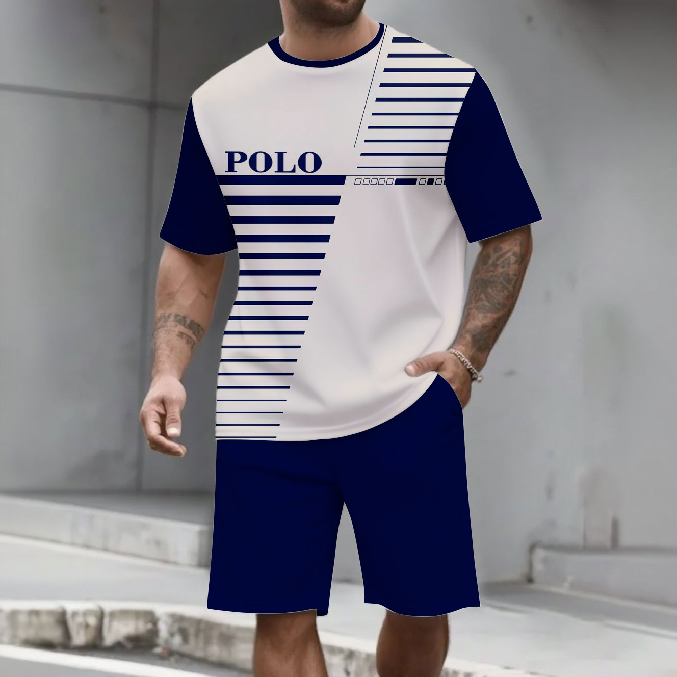 Men's Fashion Casual Color Matching Printed Short-Sleeved Two-Piece Set