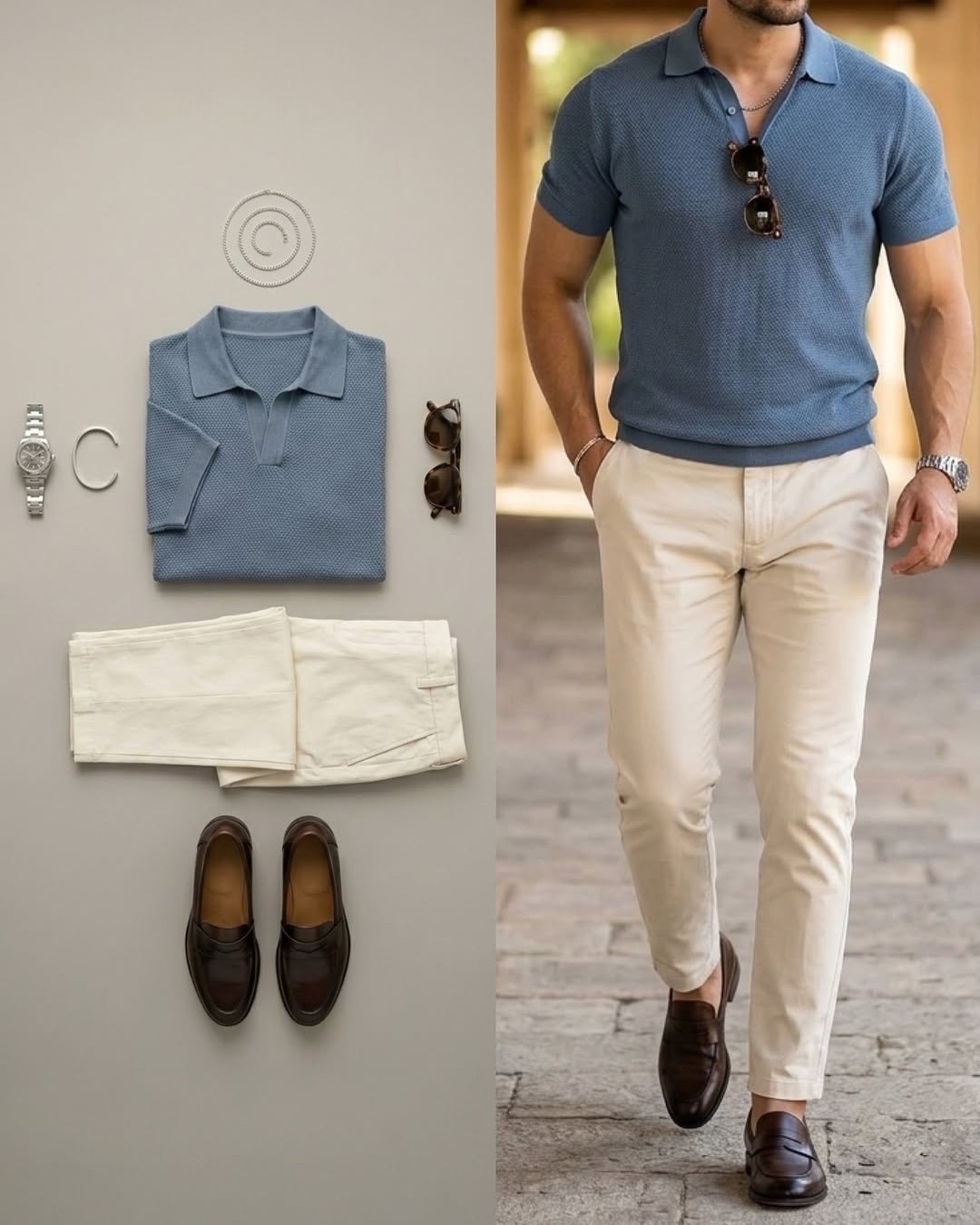 Men's Casual Slate Blue Waffle Polo Shirt & Off White Pants Two-Piece Set