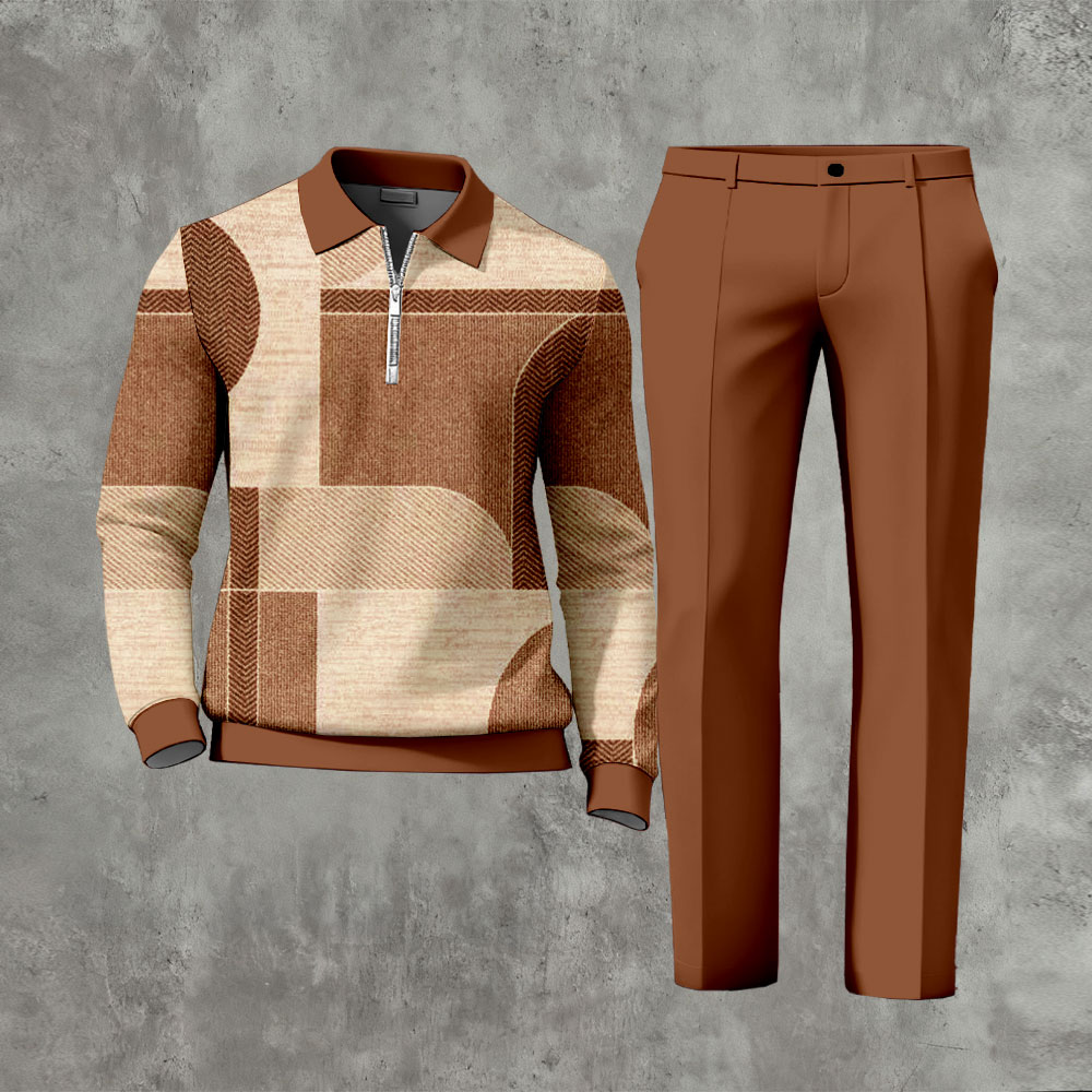 Men's Casual Brown Color Matching Geometric Printed Polo-Collar Zipper Long Sleeved Trousers Two-Piece Set 117