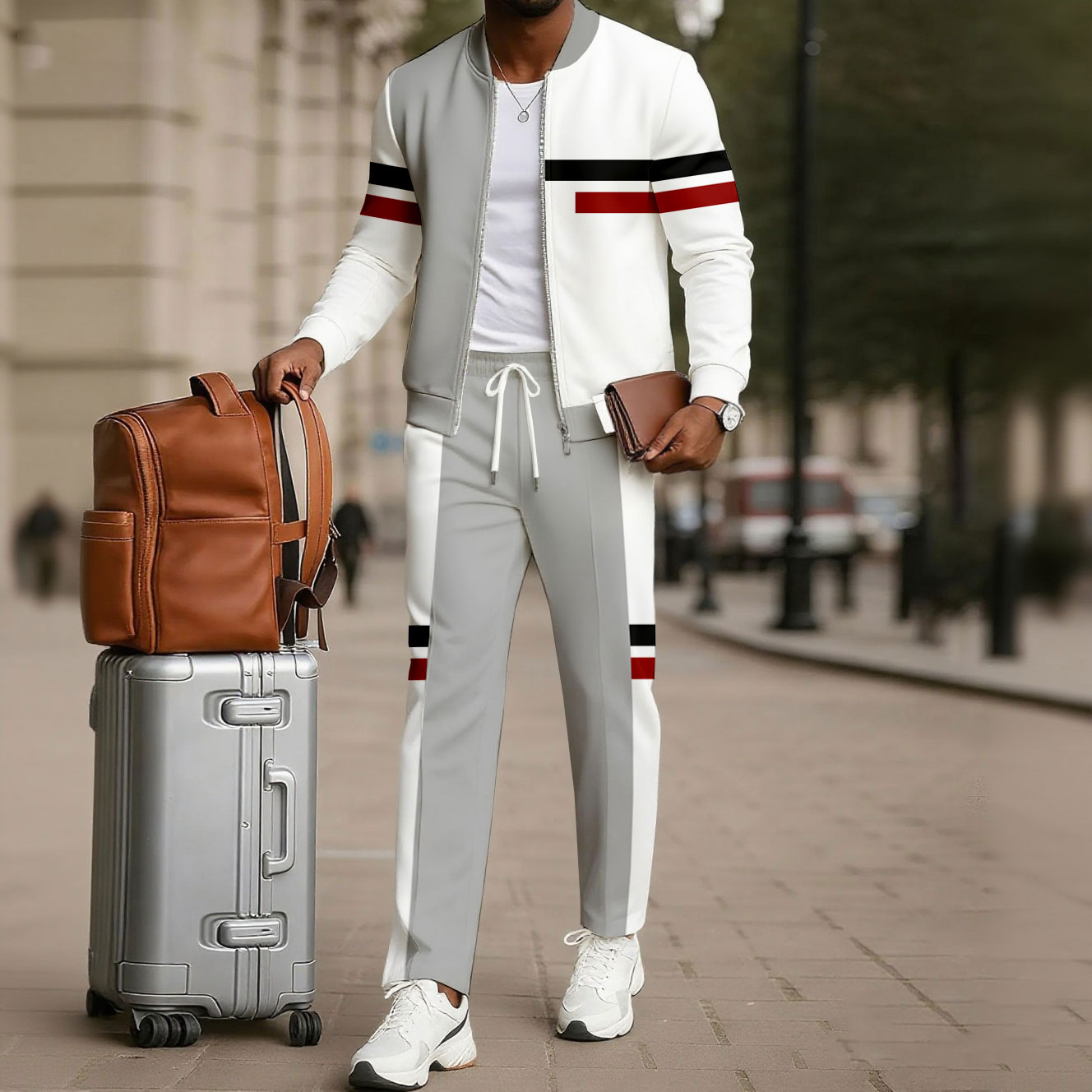 Men's Minimalist Color-Block Jacket Sports Jogging Set Men's Casual Gray & White Color Matching Asymmetric Striped Printed Long Sleeved Zipper Jacket & Trousers Two-Piece Set