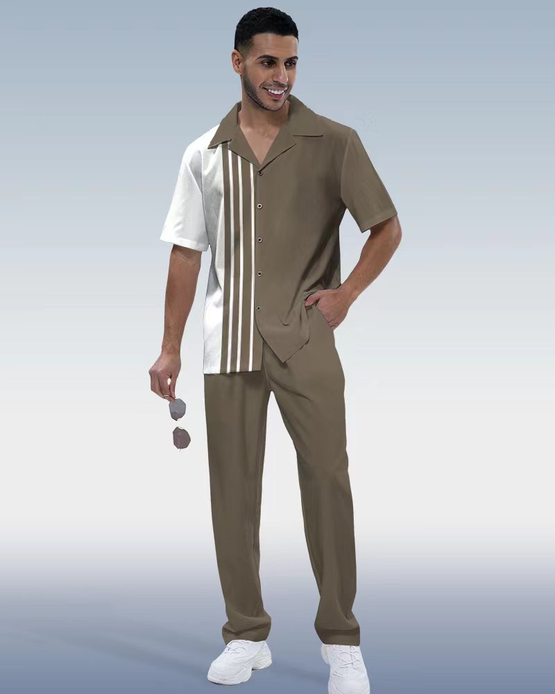 Men's Vintage Print Short Sleeve Shirt Walking Set