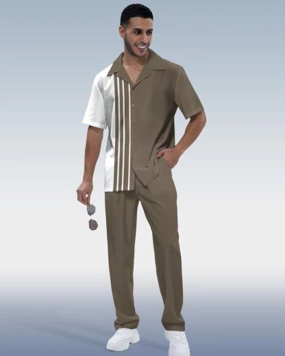 Men's Vintage Print Short Sleeve Shirt Walking Set