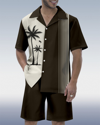 Men's Hawaiian Tiki Party Print Cuban Collar Short Sleeve Shirt Set
