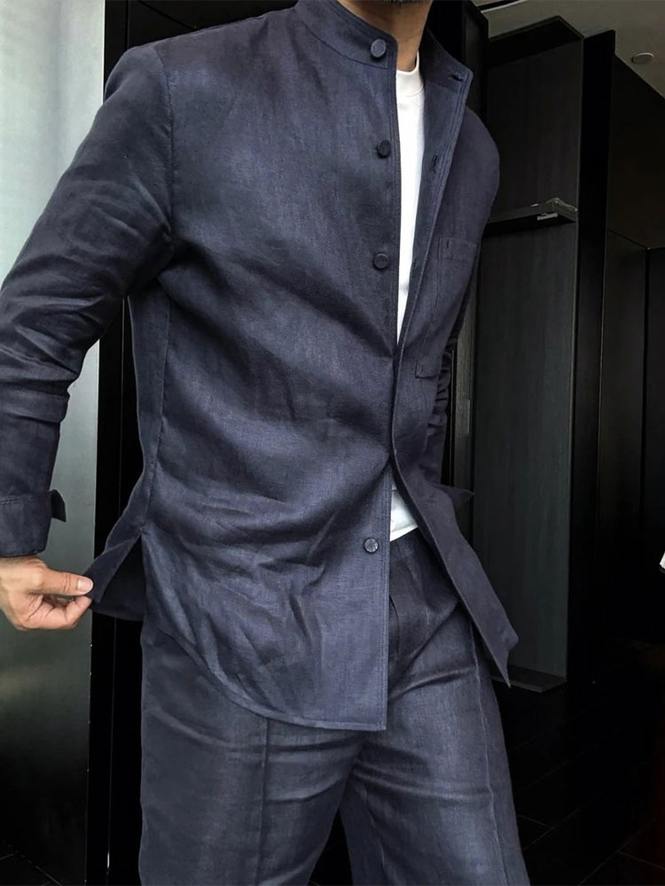 Premium Linen-Blend Mandarin Collar Suit-Navy Blue