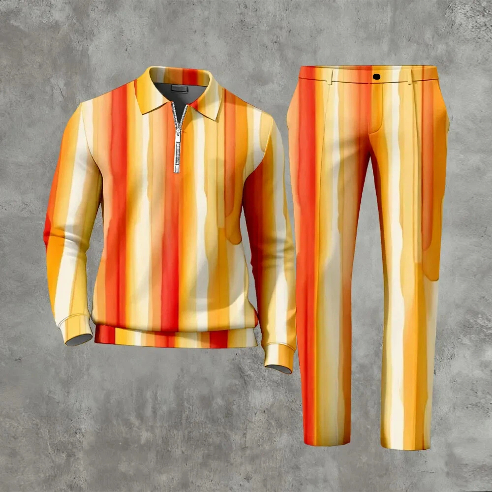 Men's Casual Color Matching Printed Polo-Collar Zipper Long Sleeved Tr