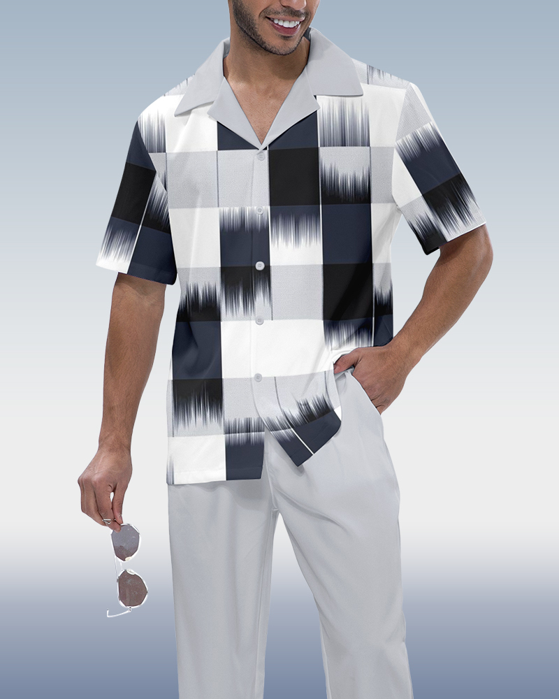 Suitmens Men's Check Print Short Sleeve Shirt Walking Set 249