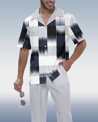 Men's Check Print Short Sleeve Shirt Walking Set