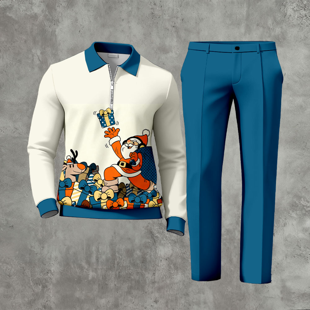 Men's Casual Royal Blue & Beige Color Matching Christmas Printed Zipper Long Sleeved Polo Shirt & Trousers Two-Piece Set