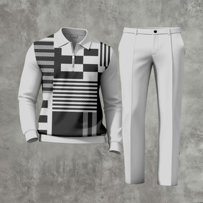 Men's Casual Gray & Black Color Matching Geometric Printed Zipper Long Sleeved Polo Shirt & Trousers Two-Piece Set