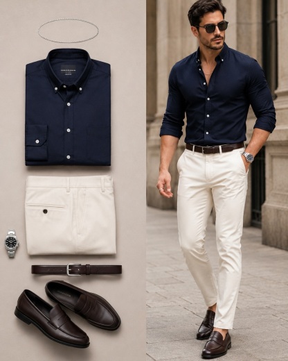 Men's Casual Color Matching Long Sleeves Shirt & Trousers Two Piece Set