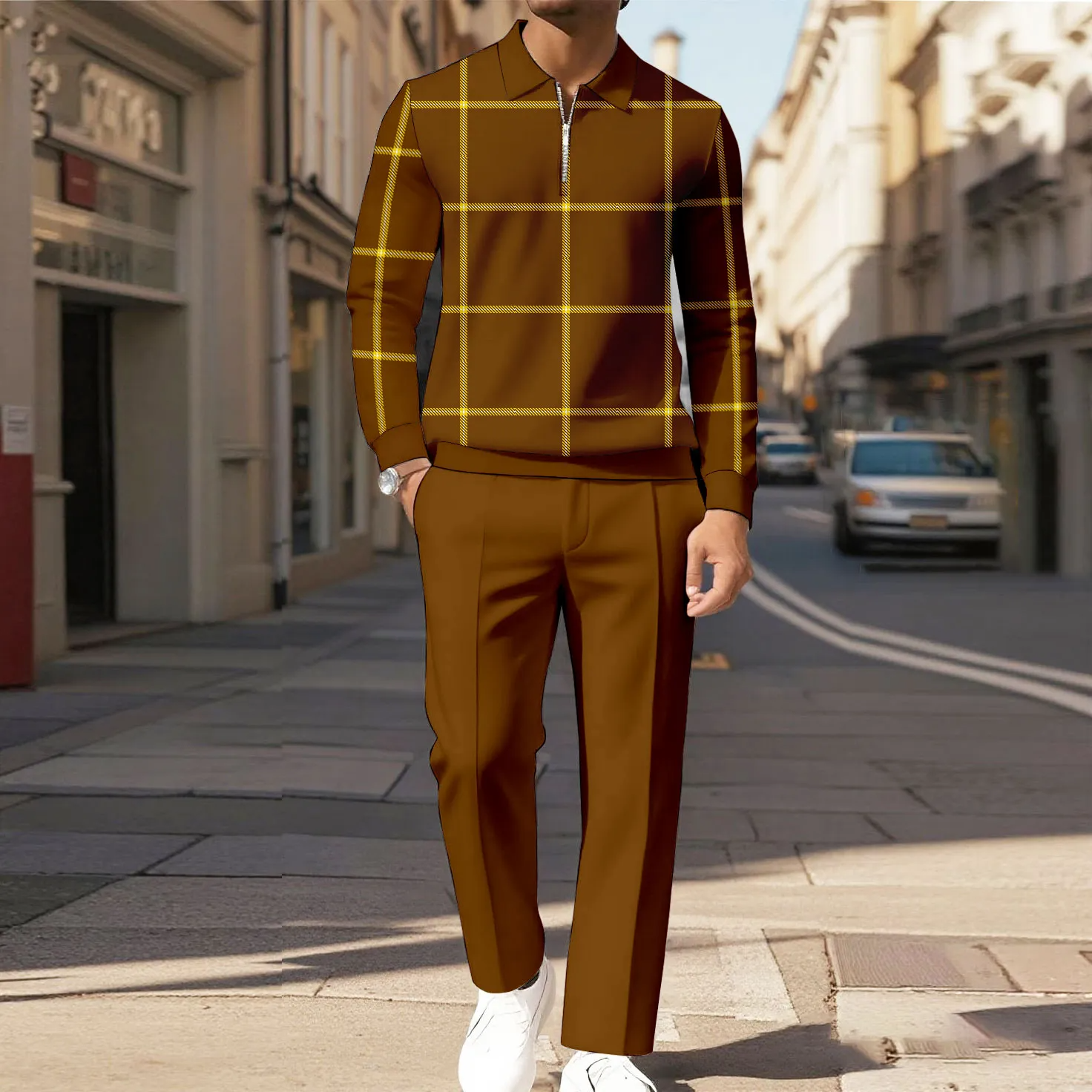 Men's Casual Color Matching Printed Polo-Collar Zipper Long Sleeved Trousers Two-Piece Set
