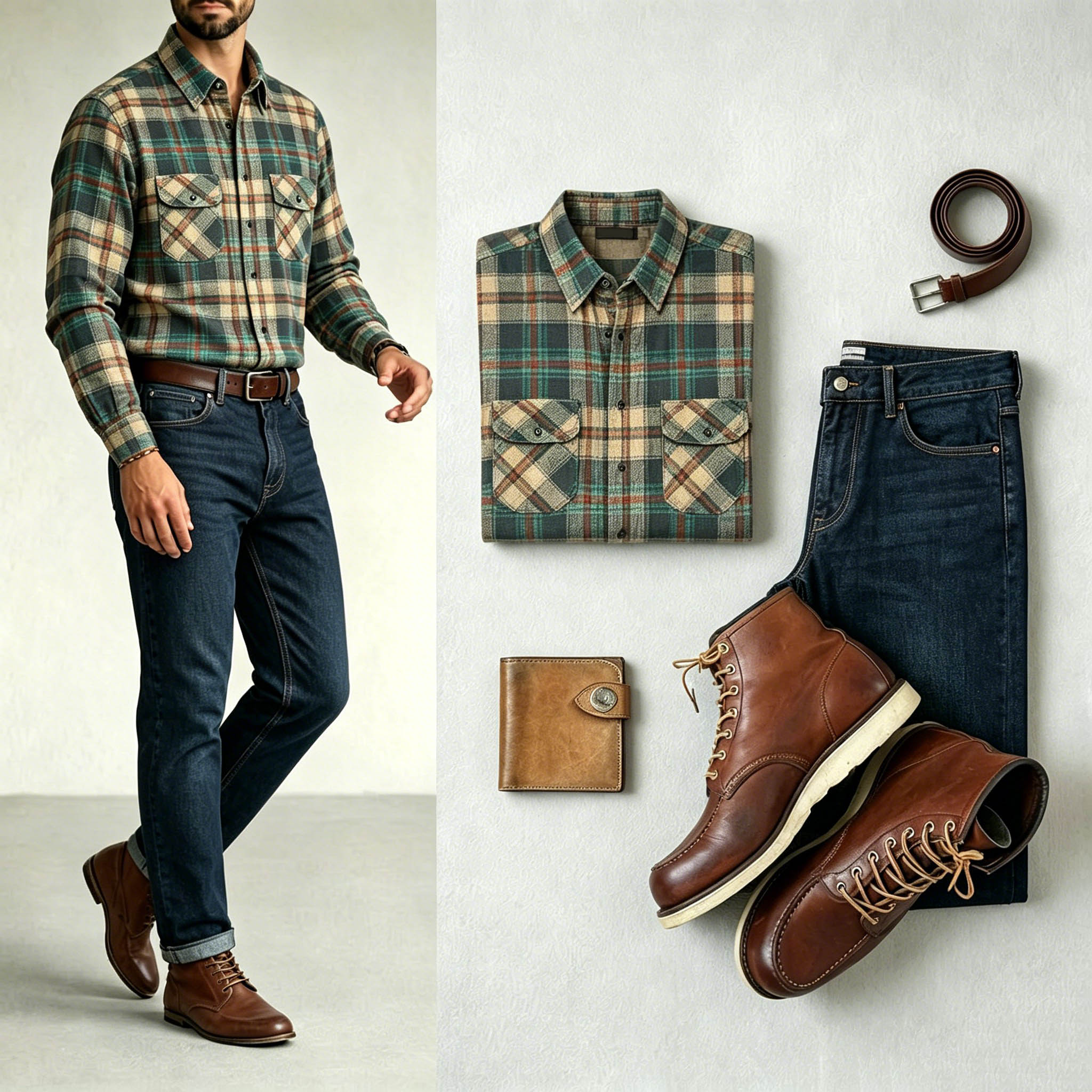 Men's Multi Green & Navy Blue Color Matching Retro Style Plaid Printed Lapel Collar Long Sleeves Shirt & Jeans Two-Piece Set