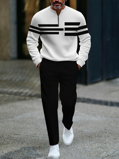 Men's Casual Color Matching Printed Round-Neck Zipper Long Sleeved Trousers Two-Piece Set