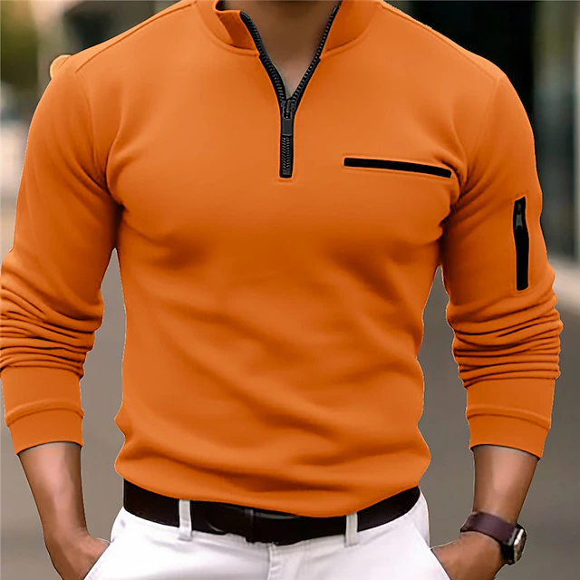 Sport Stand Collar Zipper Long-Sleeve Solid Color Polo Shirt
