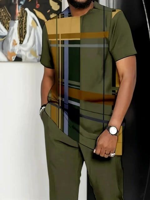 Men's Green Plaid Short Sleeve Suit