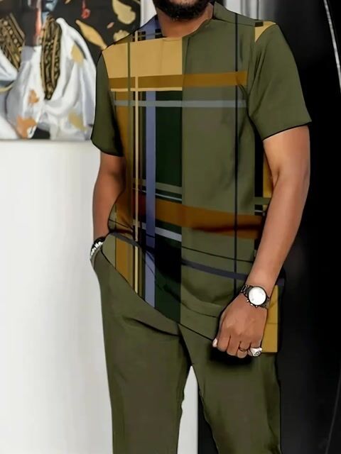 Men's Green Plaid Short Sleeve Suit