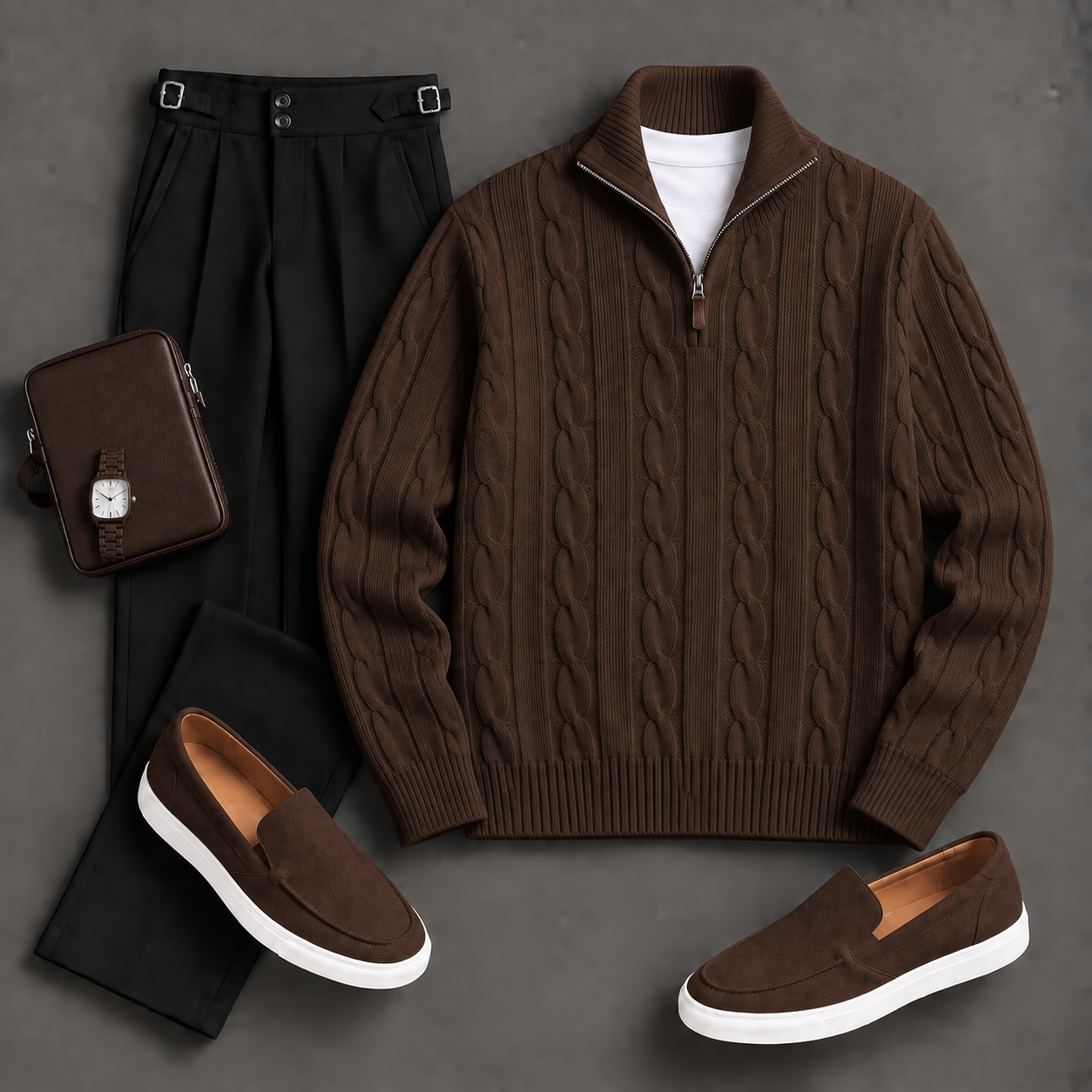 Men's Causal Stand Collar Knit Polo Shirt & Chino Pants Two-Piece Sets