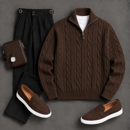 Men's Causal Stand Collar Knit Polo Shirt & Chino Pants Two-Piece Sets