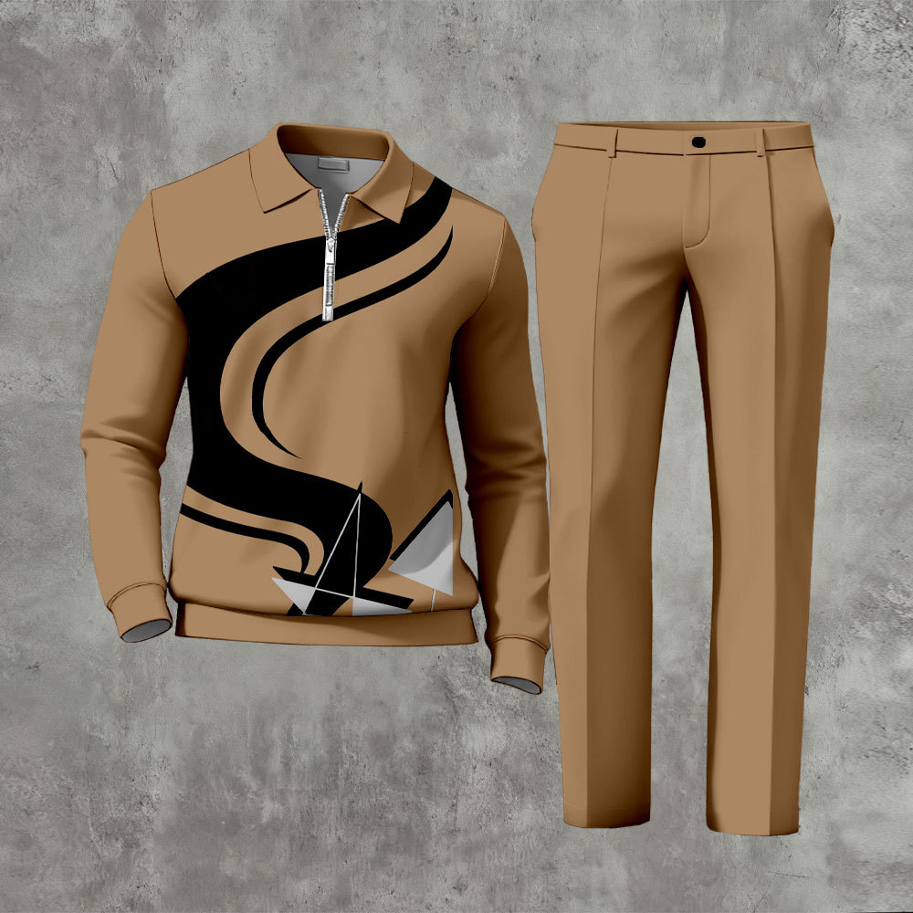 Men's Casual Brown & Black Color Matching Printed Zipper Long Sleeved 