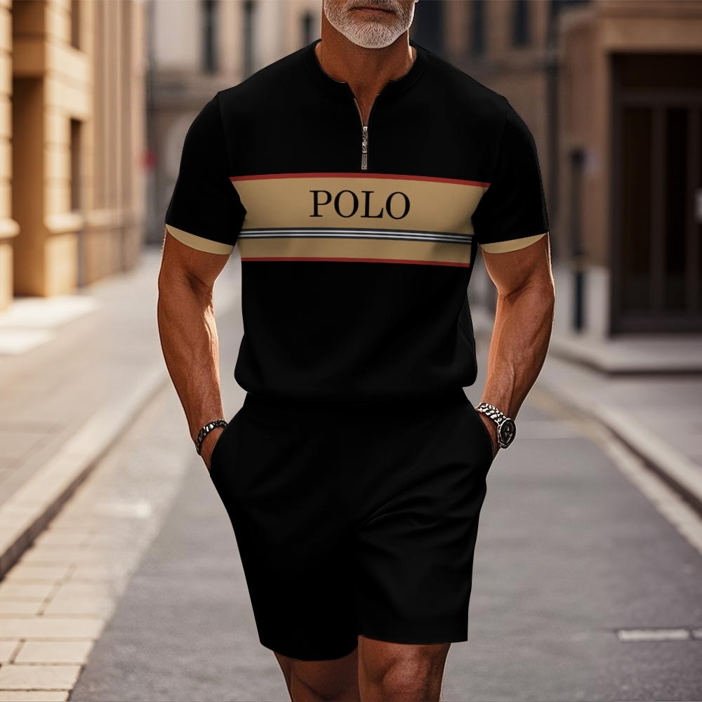 Men's Fashion Round Neck Black With Printed Zipper Short Sleeve+Casual Shorts Two Piece Set