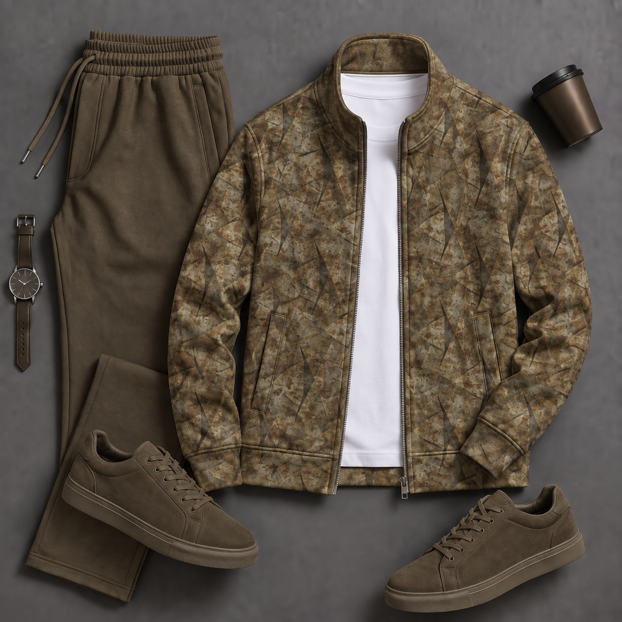 Men's Causal Stand Collar Leopard Pattern Jacket & Pants Two-Piece Sets