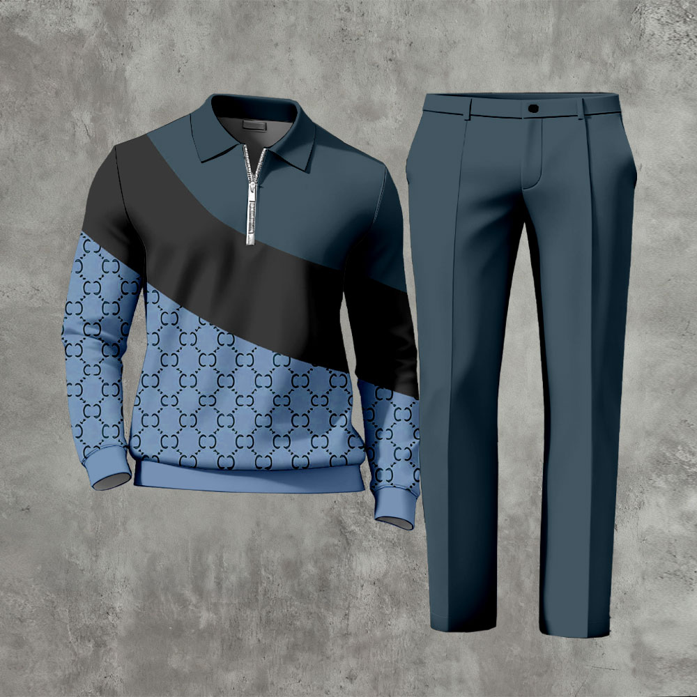 Men's Casual Blue Color Matching Asymmetric Vintage Printed Polo-Collar Zipper Long Sleeved Trousers Two-Piece Set