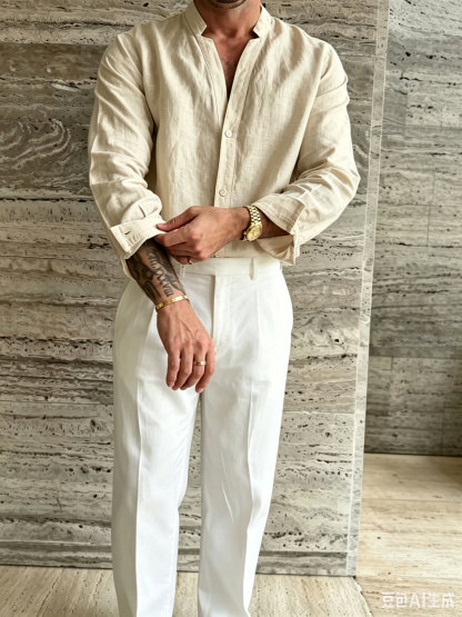 Premium Linen-Blend Mandarin Collar Suit