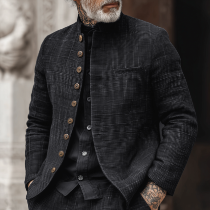 Men's Woven Textured Plaid Stand Collar Single-Breasted Jacket