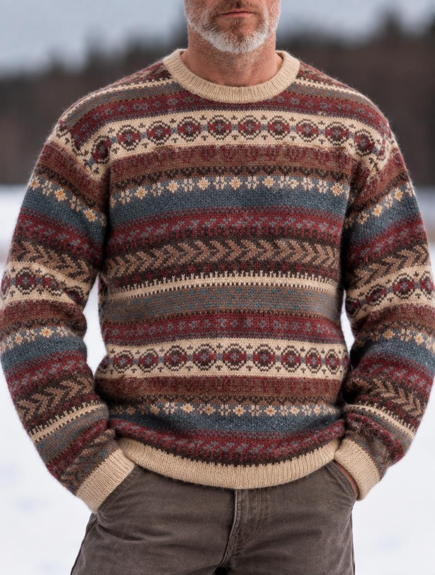 Men's Vintage Fair Isle Striped Crew Neck Knit Sweater