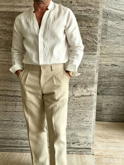 Premium Linen-Blend Mandarin Collar Suit