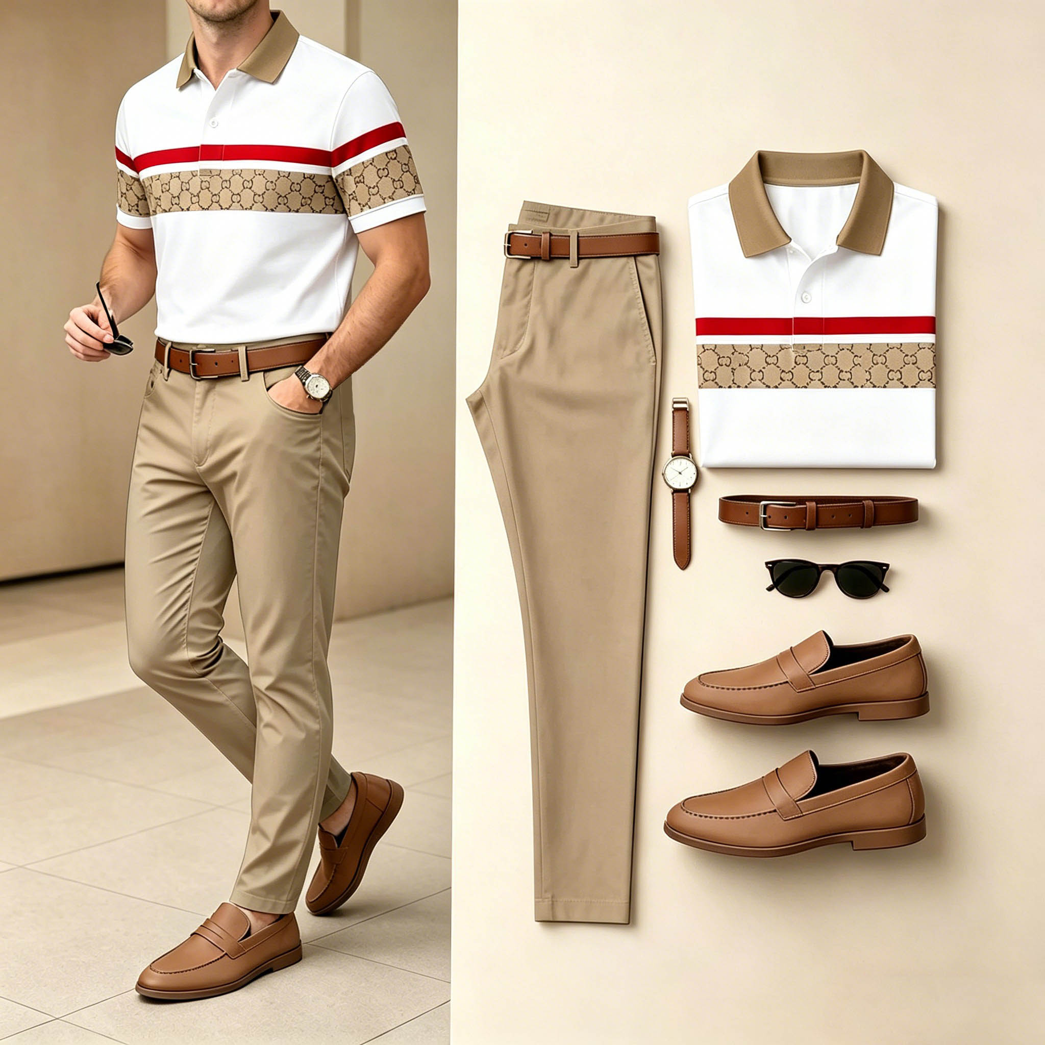 Men's Casual White & Khaki Color Matching Striped Short-Sleeve Polo Shirt & Trousers Two-Piece Set