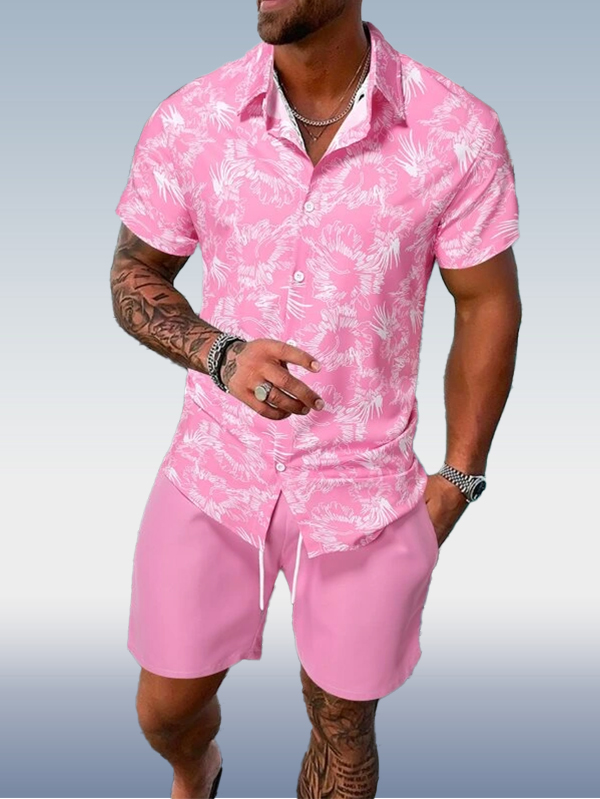 Men's Pink Hawaiian Print Short Sleeve Shirt Set