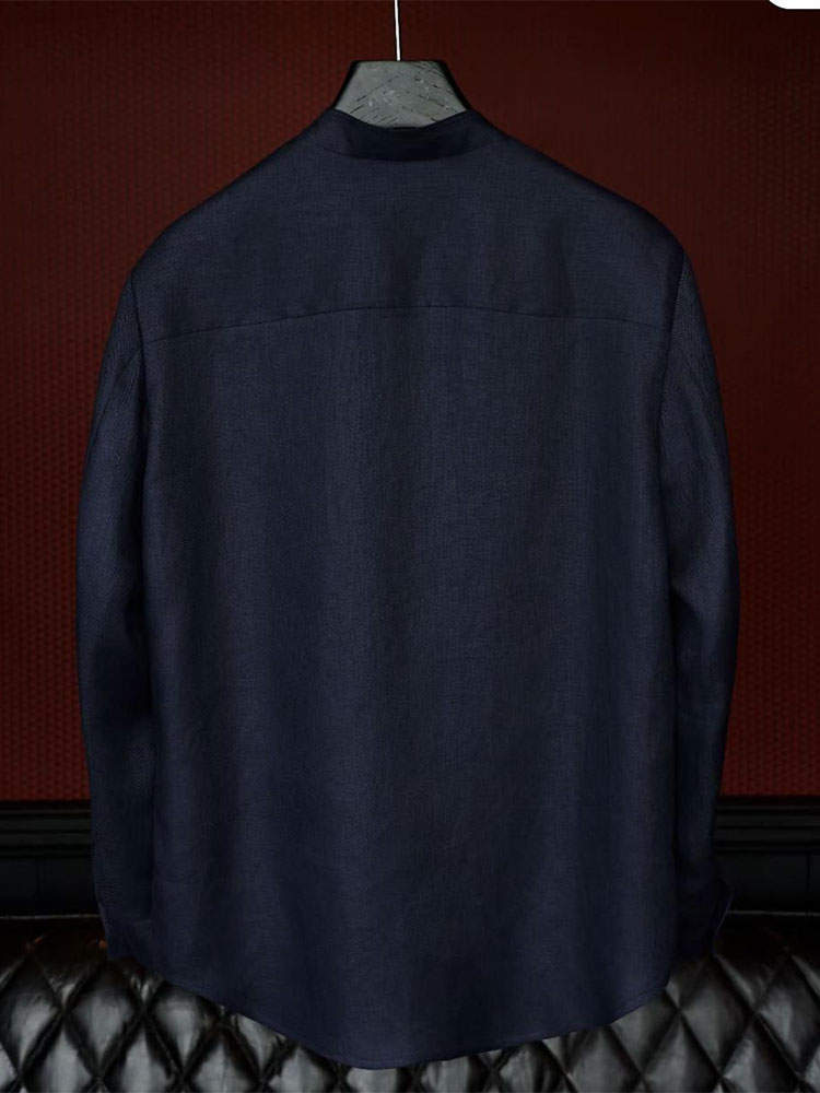 Premium Linen-Blend Mandarin Collar Suit-Navy Blue