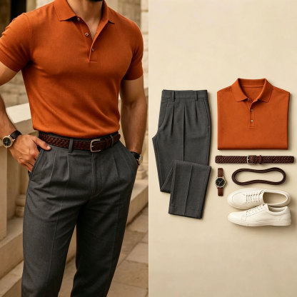 Men's Casual Color Matching Short Sleeves Polo Shirt & Pants Two Piece Set