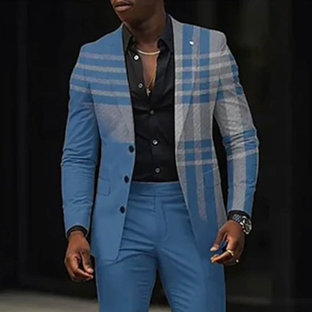 Men's Gradient Blue & Gray Color Matching Checkered Printed Long Sleeves Blazer & Trousers Two Pieces Set