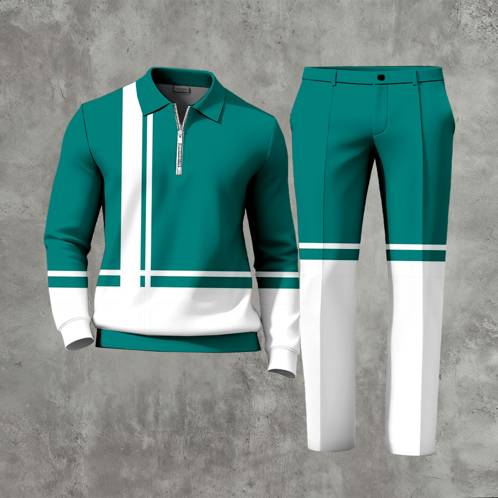 Men's Casual Green & White Color Matching Geometric Printed Zipper Long Sleeved Polo Shirt & Trousers Two-Piece Set