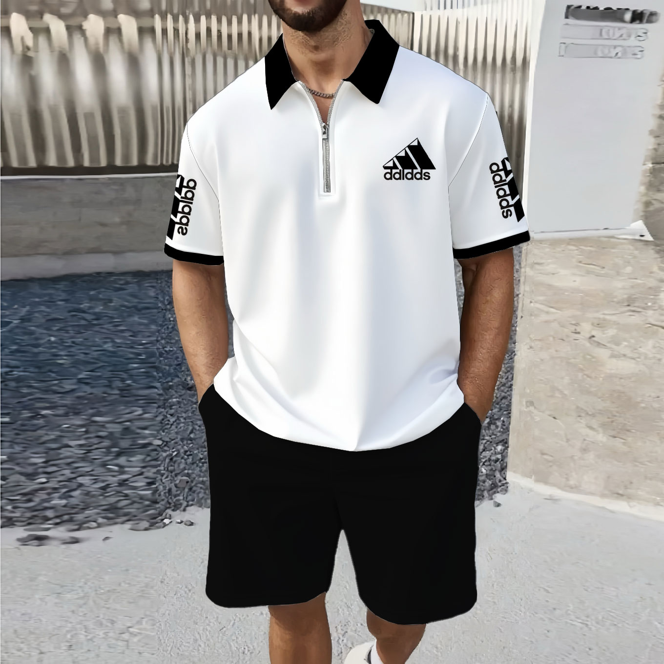 Men's Fashion Casual Zipper Polo Collar Geometric Printed Short-Sleeved Two-Piece Set